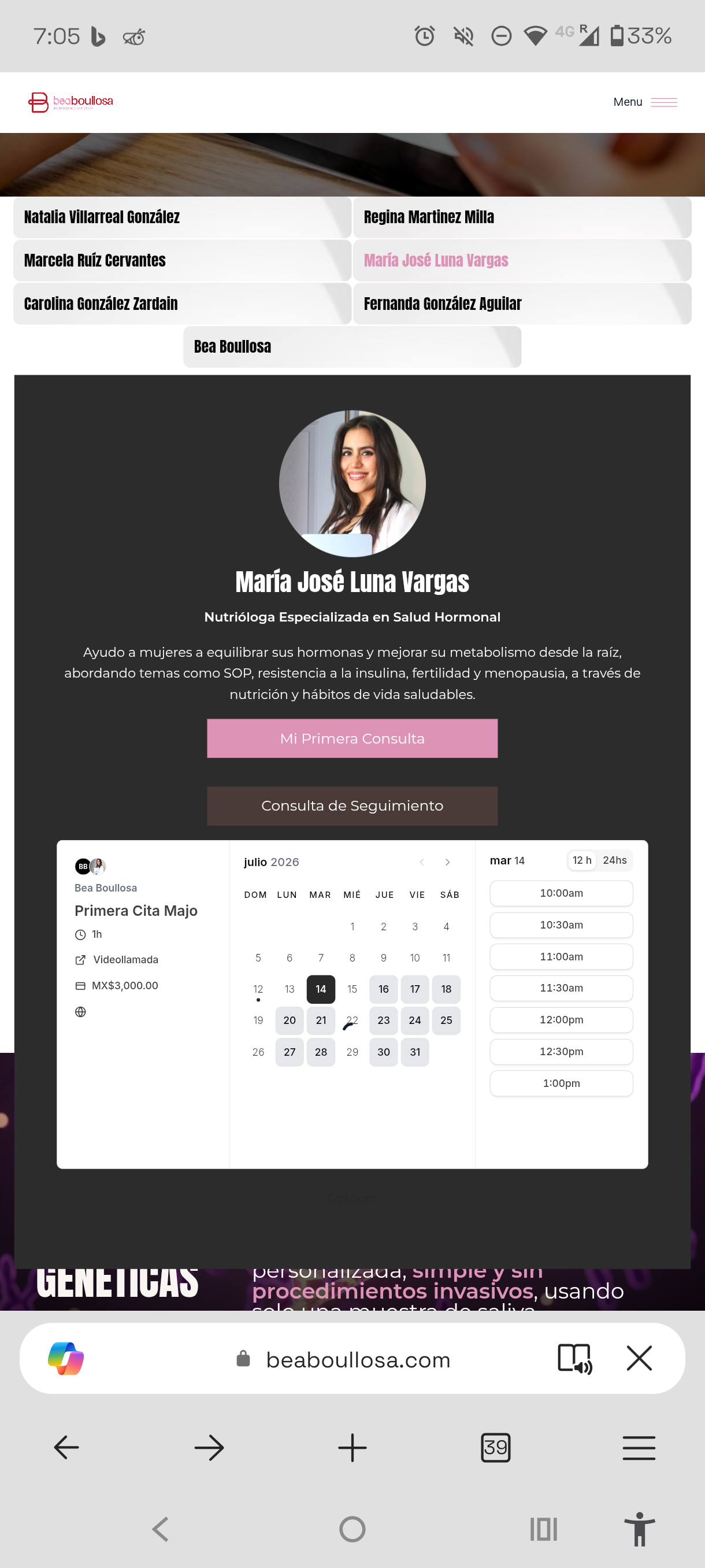 Cal.com calendar showing real-time availability and a MX$3,000 per-session price