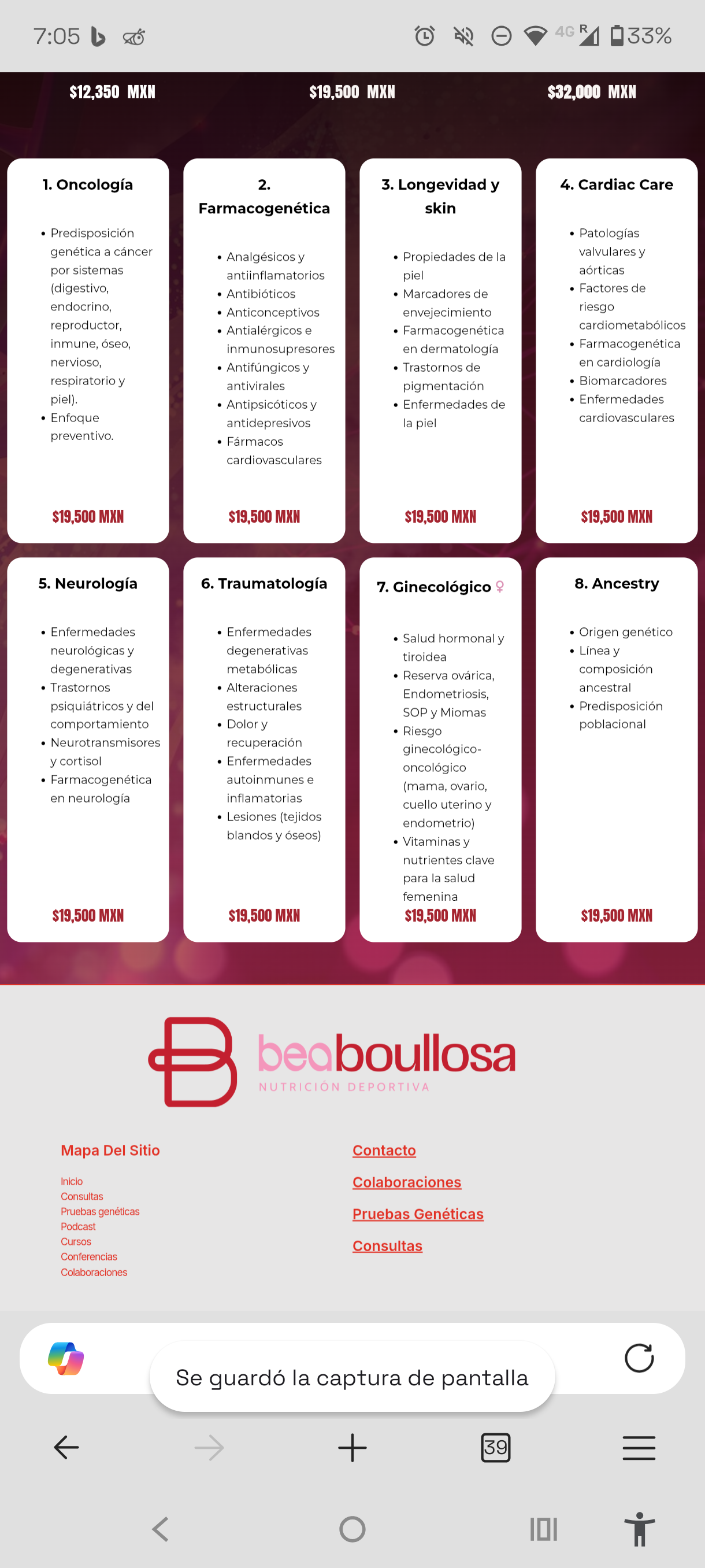 Eight genetic testing specialty packages with individual pricing