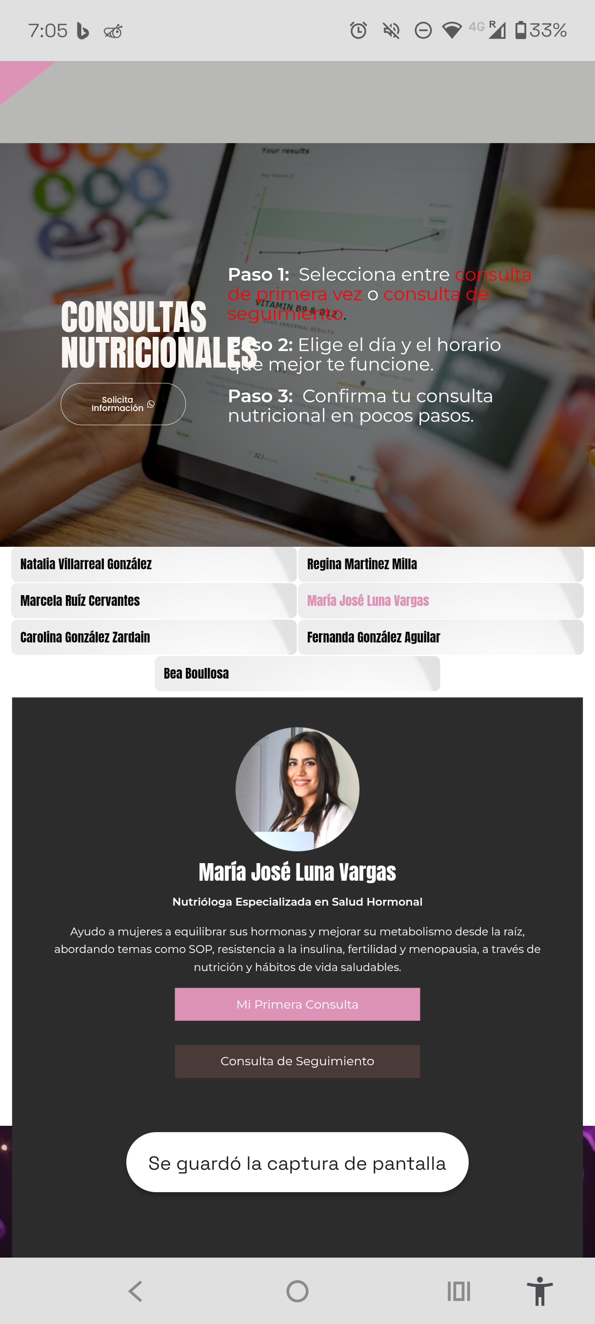 Specialist selector list with a Cal.com booking embed for a nutritionist profile