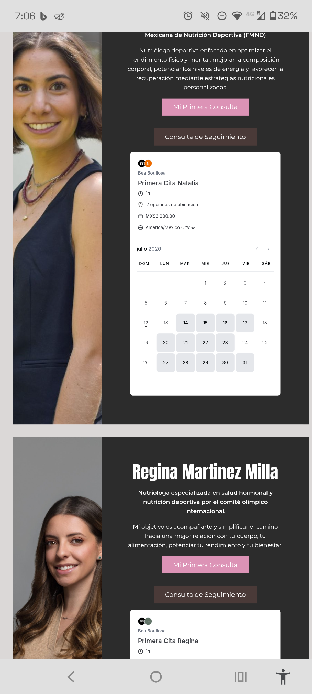 Two more nutritionist profiles, each with an independent Cal.com booking calendar