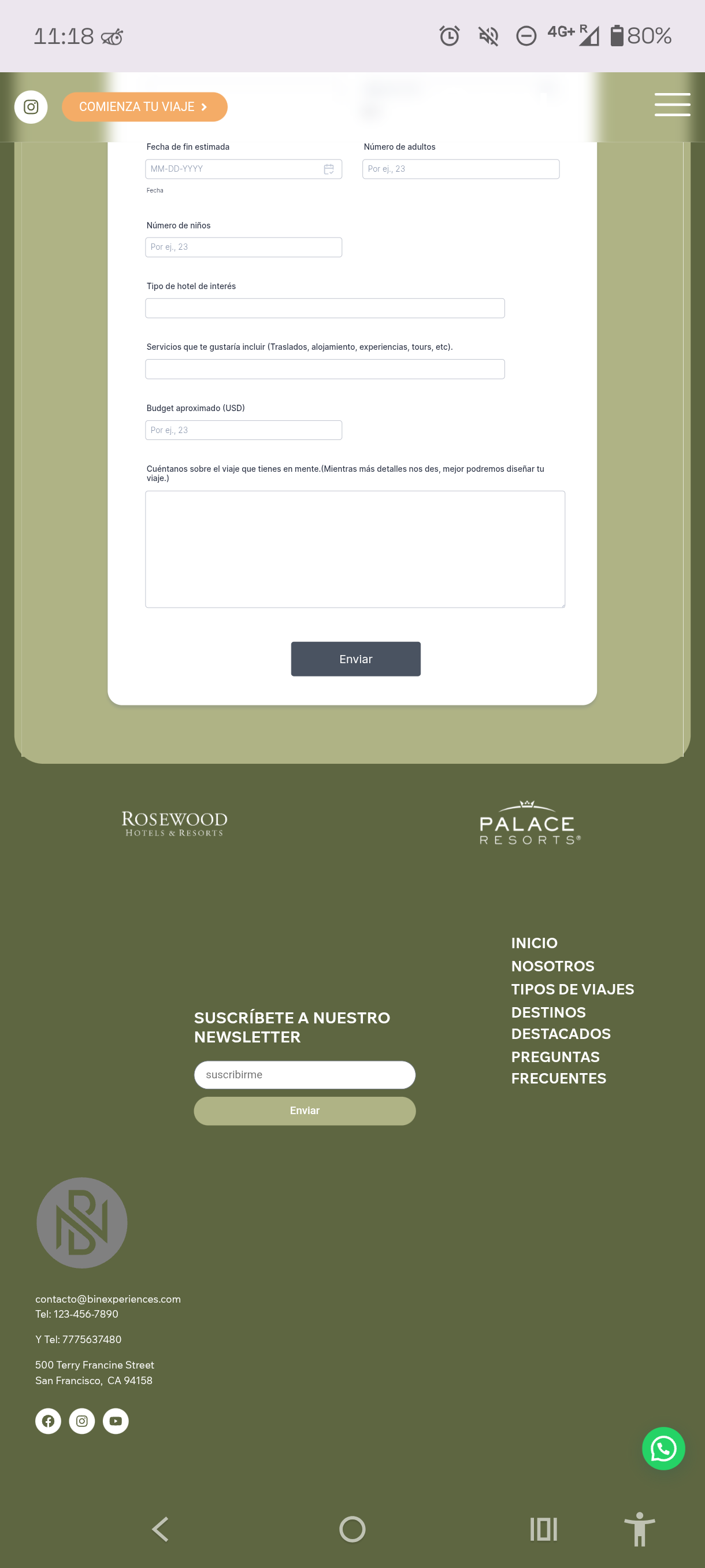 Site footer with newsletter signup and Rosewood / Palace Resorts brand logos