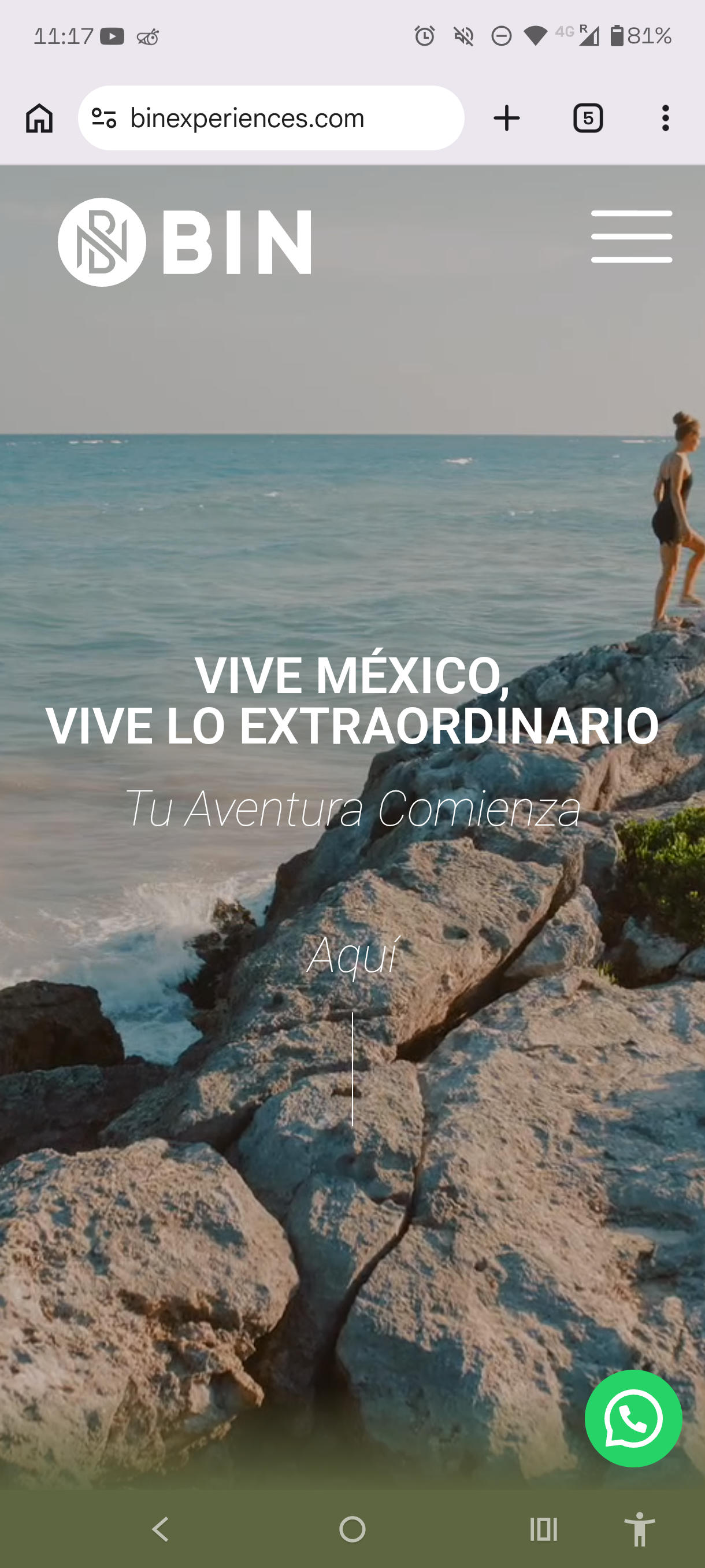 BIN Experiences website hero — Vive México, vive lo extraordinario