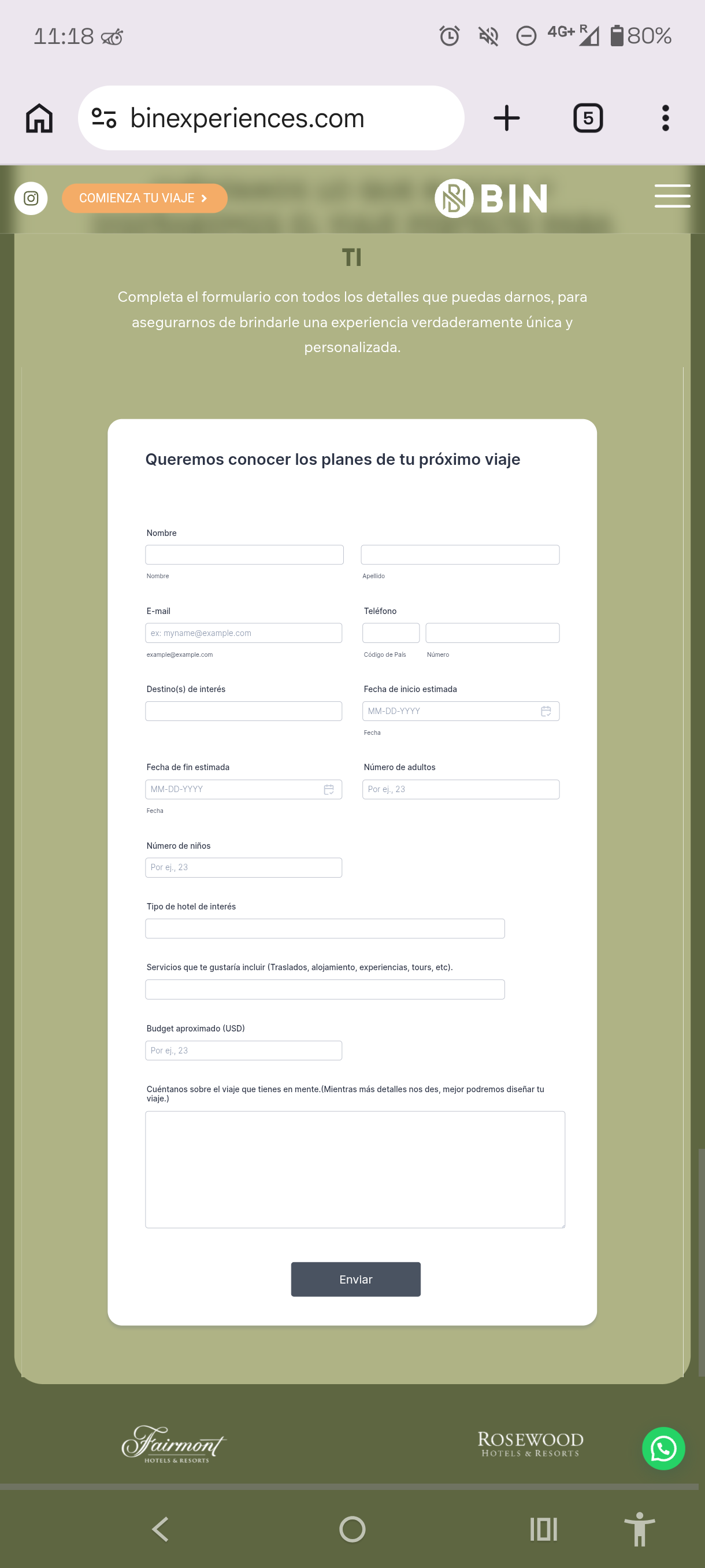 Detailed JotForm quote request form with destinations, dates, hotel type and budget fields