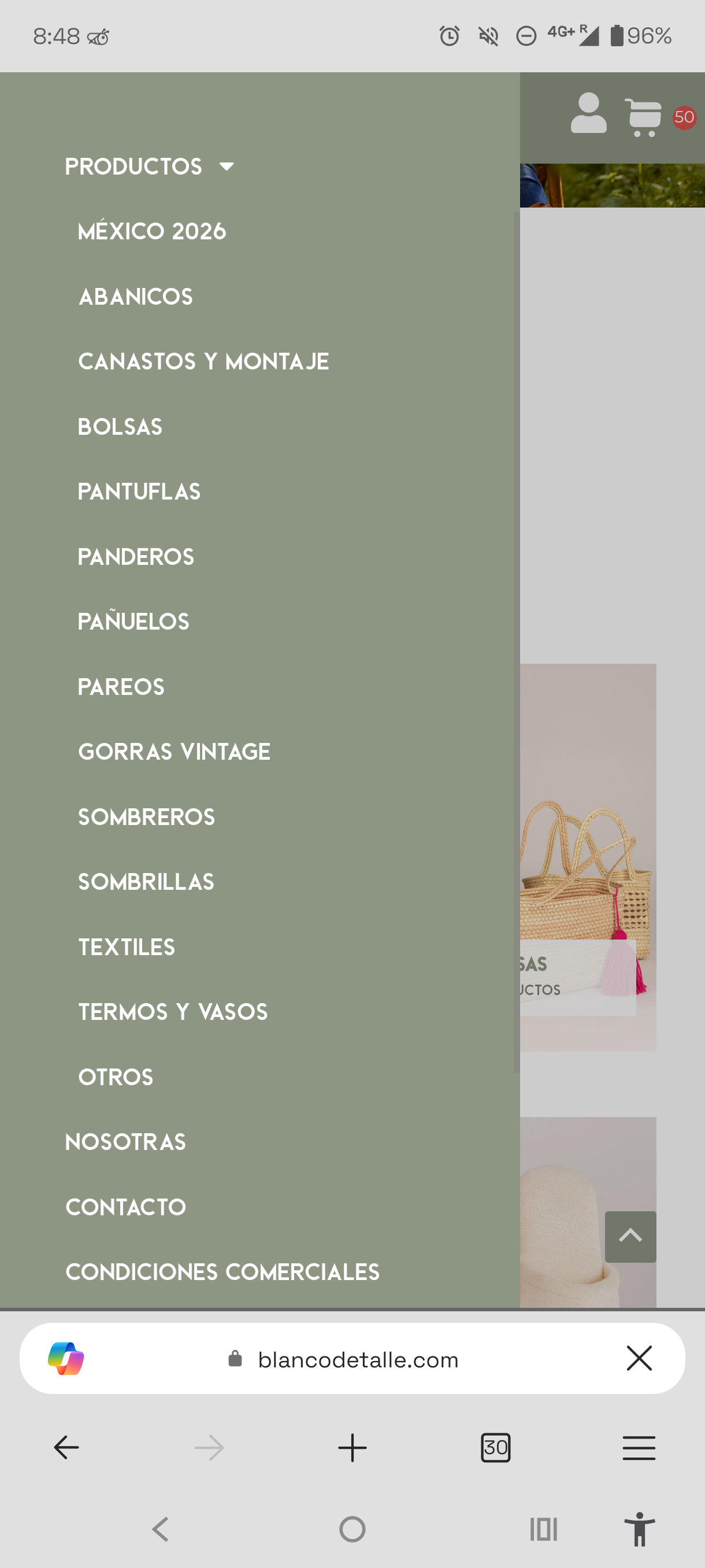Mobile navigation showing the 14-category product catalog