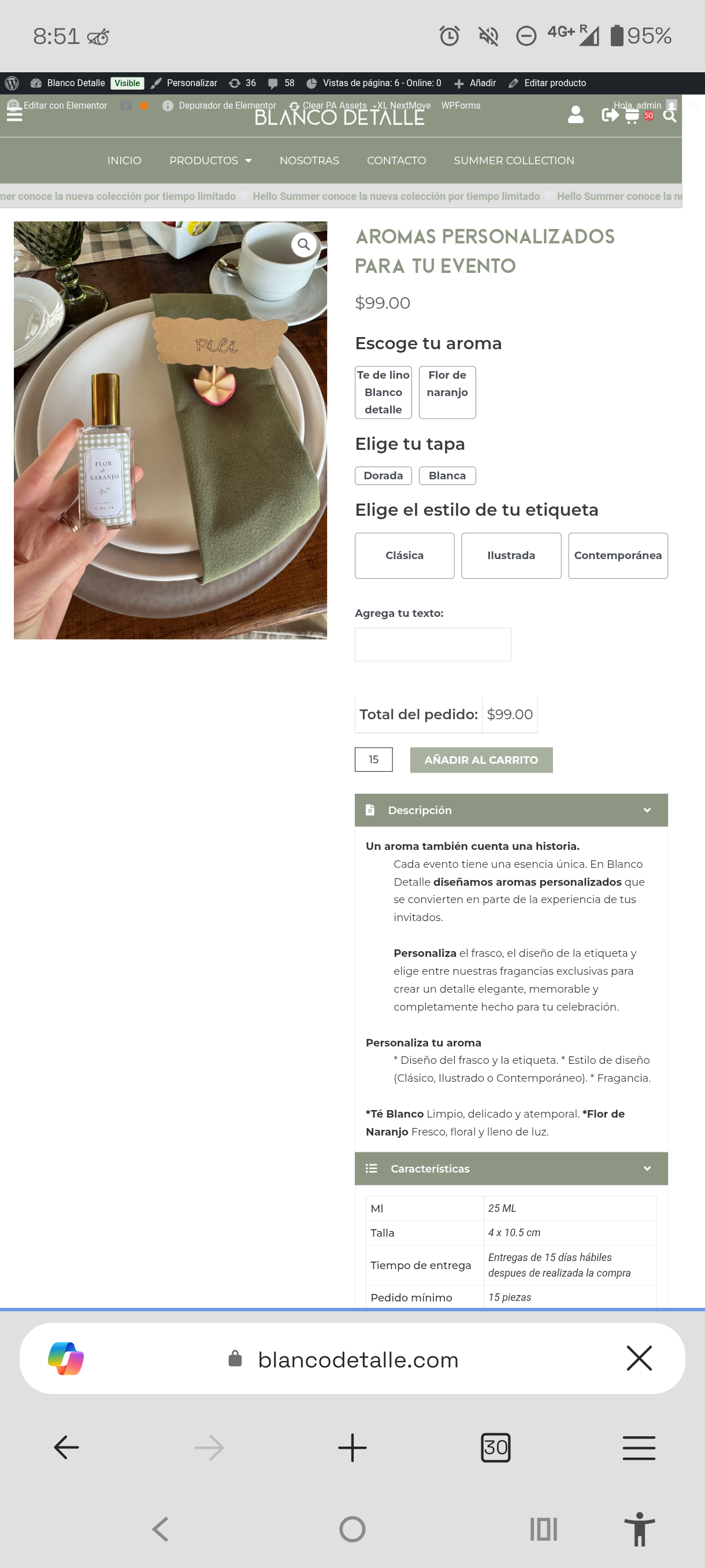 Custom fragrance product page with cap, label style and free-text personalization options