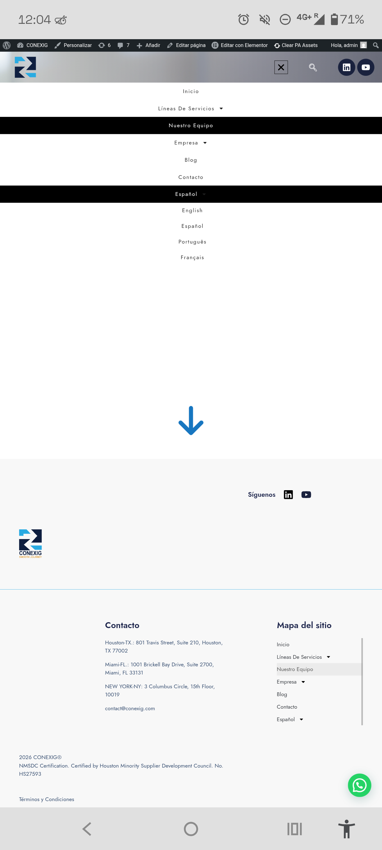 Mobile menu with the four-language switcher: English, Español, Português, Français