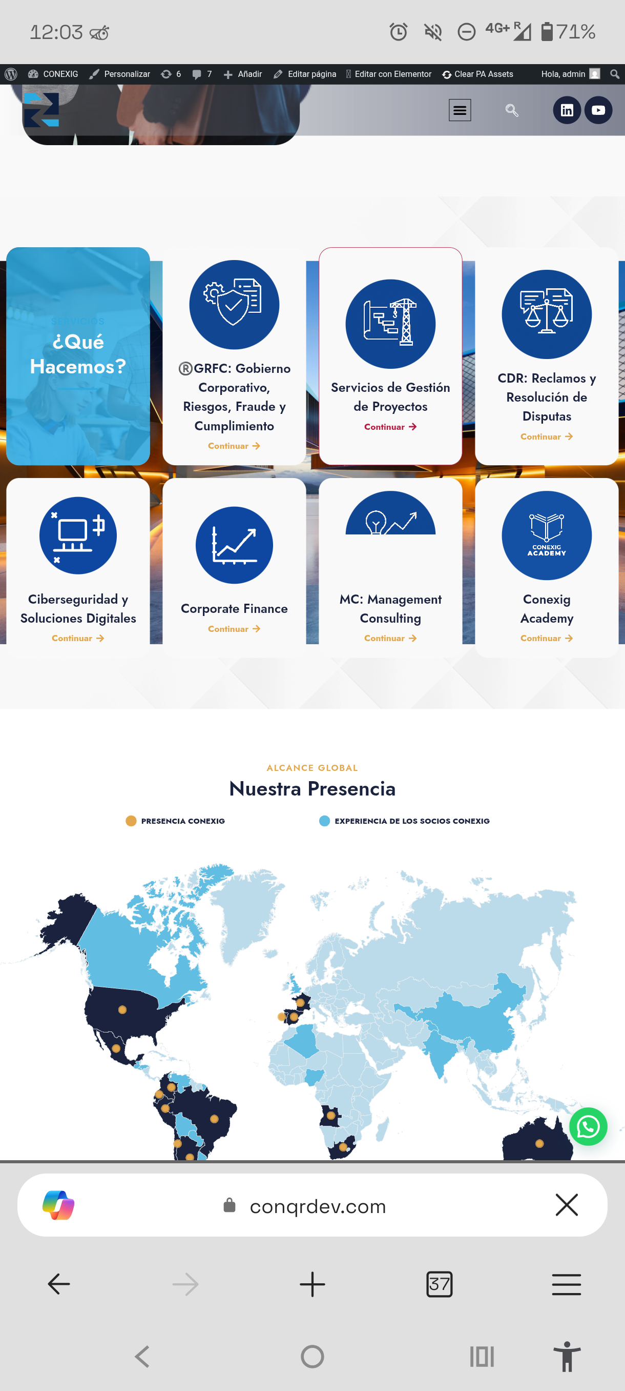 Eight service-line grid and world presence map distinguishing own offices from partner experience