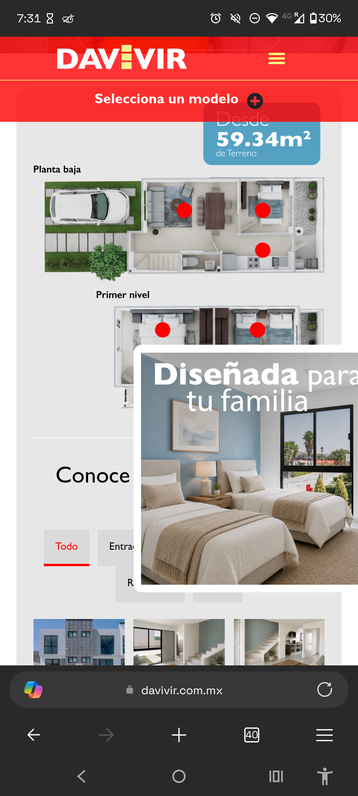 Interactive floor plan with hotspots over each room, opening real photos on tap