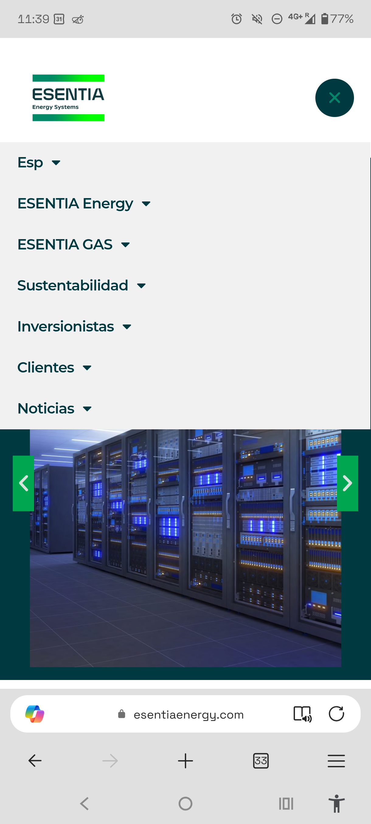 Full navigation menu with Esp/Eng language switcher and investor relations sections
