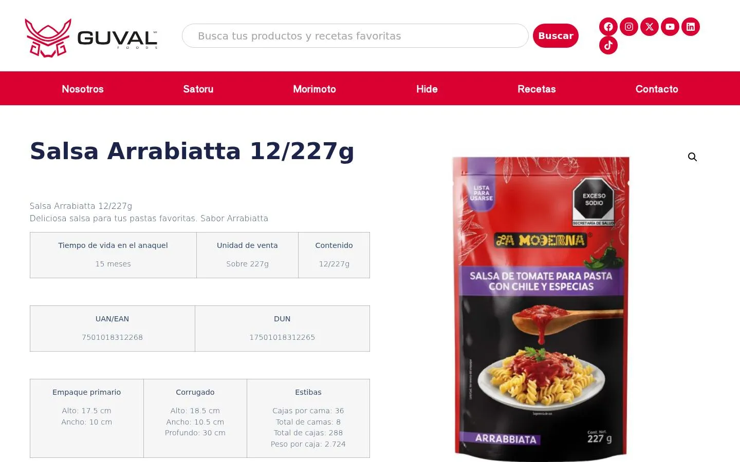 Arrabiatta sauce product sheet with packaging data and EAN and DUN codes