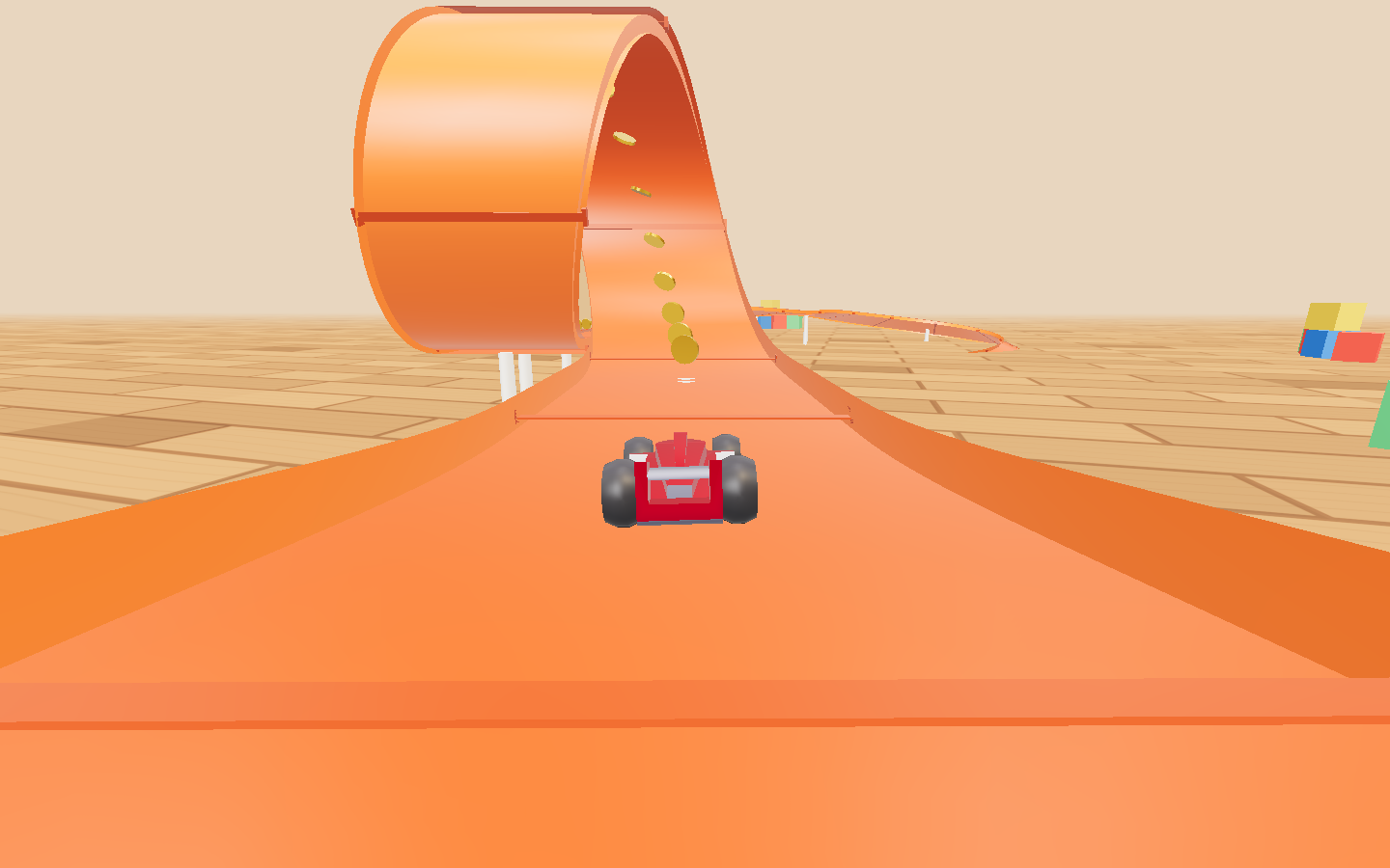 TURBO PISTA: red race car number 07 on an orange 3D toy track, with a loop ahead