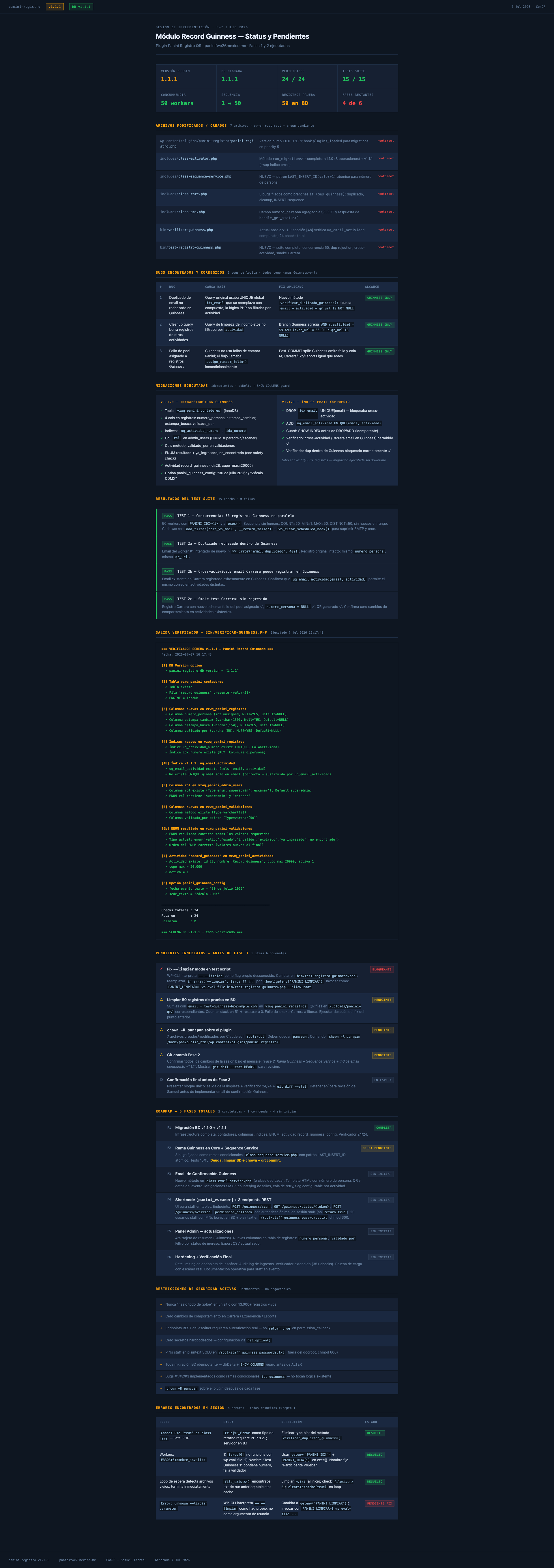 Implementation status dashboard: migrations, bug fixes and test suite results