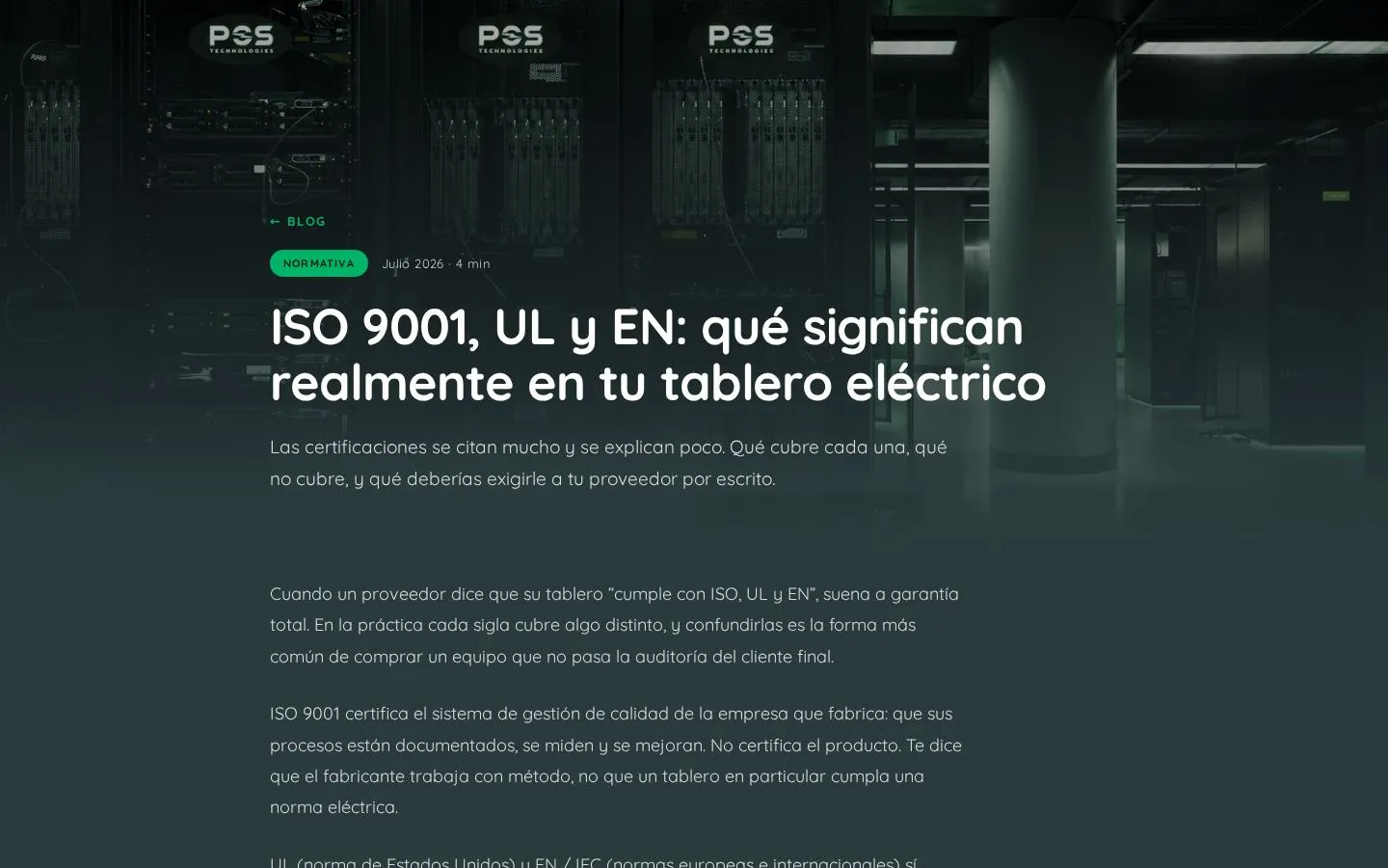 Artículo del blog sobre certificaciones ISO 9001, UL y EN en tableros eléctricos