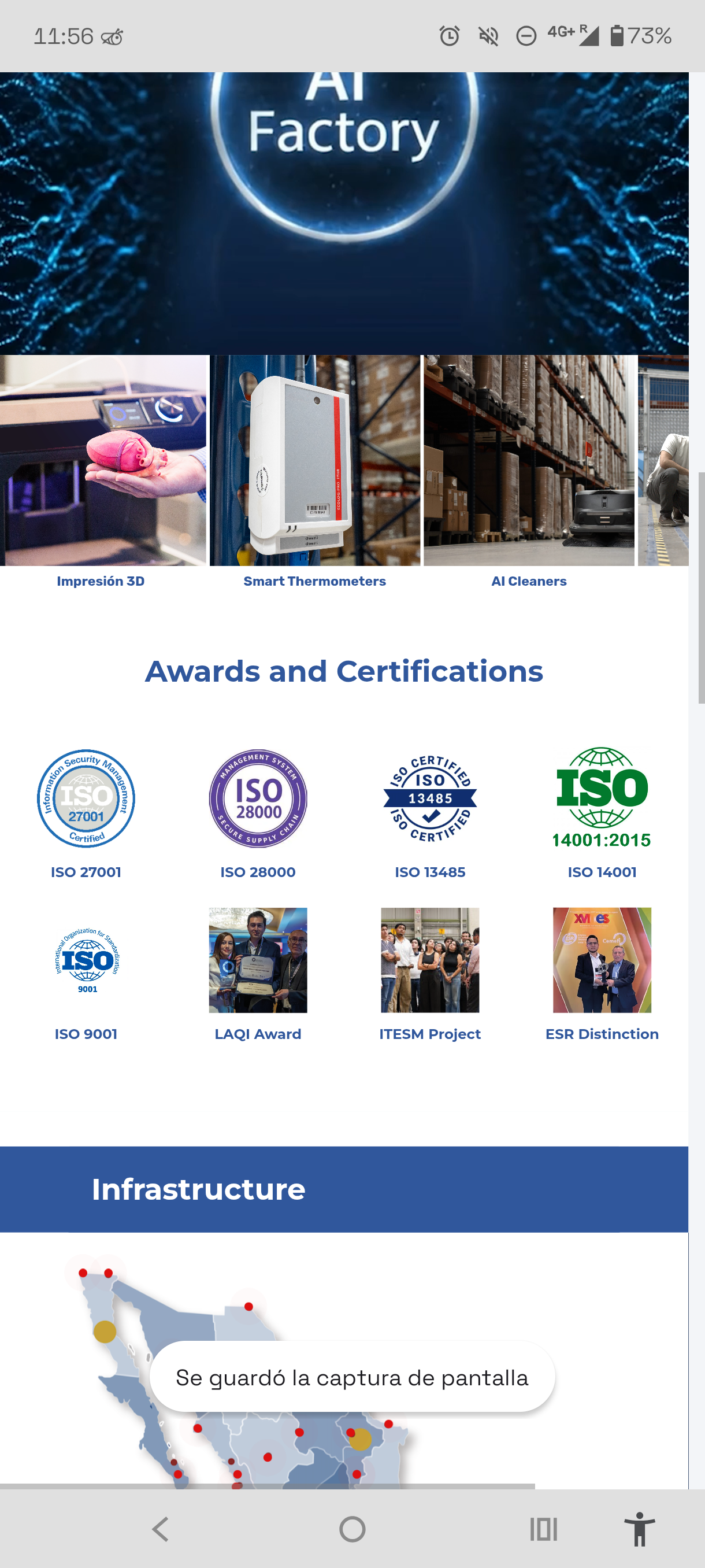 AI Factory technology carousel (3D printing, smart thermometers, AI cleaners) and ISO certifications wall