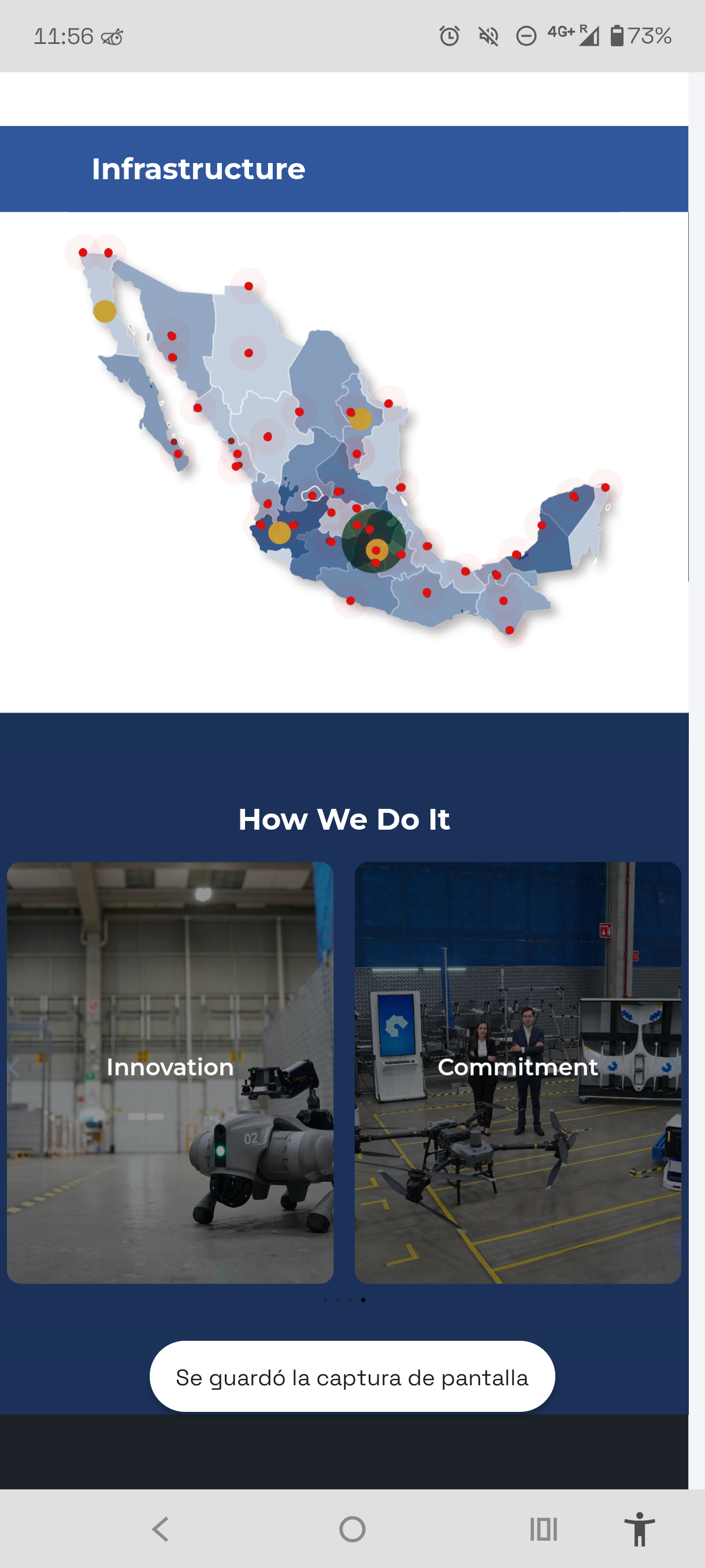 Interactive Mexico map showing infrastructure hubs, plus an Innovation/Commitment carousel with drones and robots