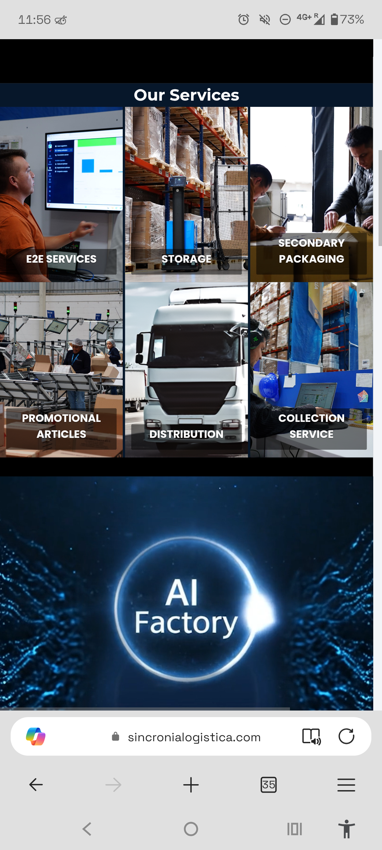 Sincronía Logística services grid and AI Factory section