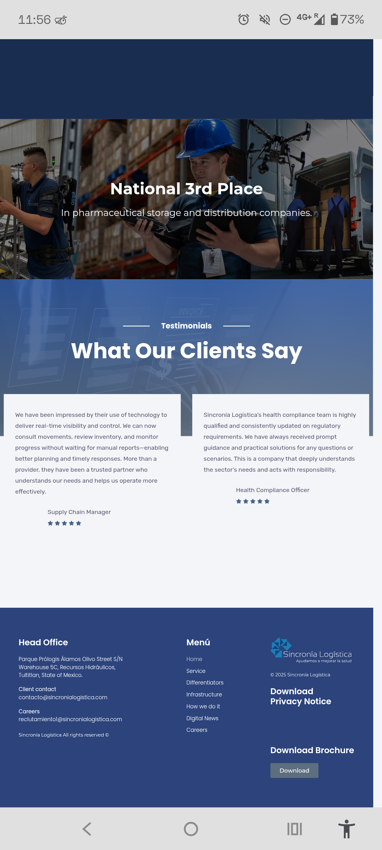 Client testimonials section and site footer with brochure and privacy-notice downloads