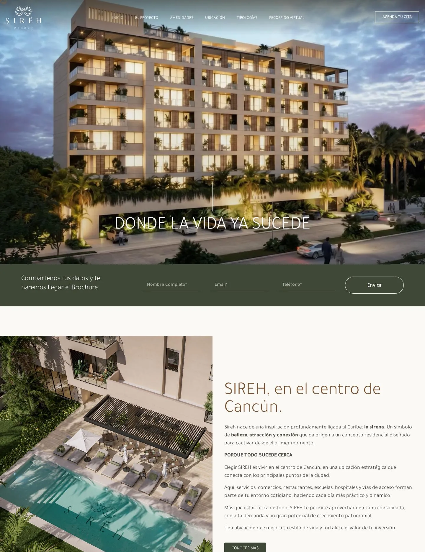 Página de inicio de SIREH Cancún con el render nocturno del edificio