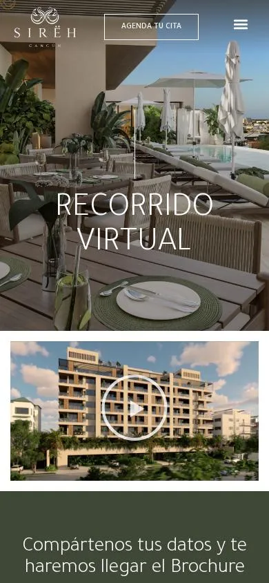 Recorrido virtual de SIREH en móvil con video de Vimeo y formulario de brochure