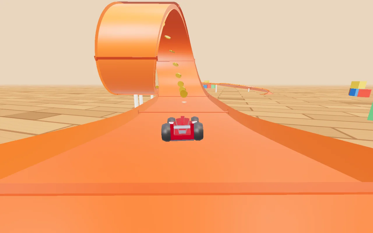 Red race car number 07 on an orange 3D toy track, with a loop ahead and a giant living room around it