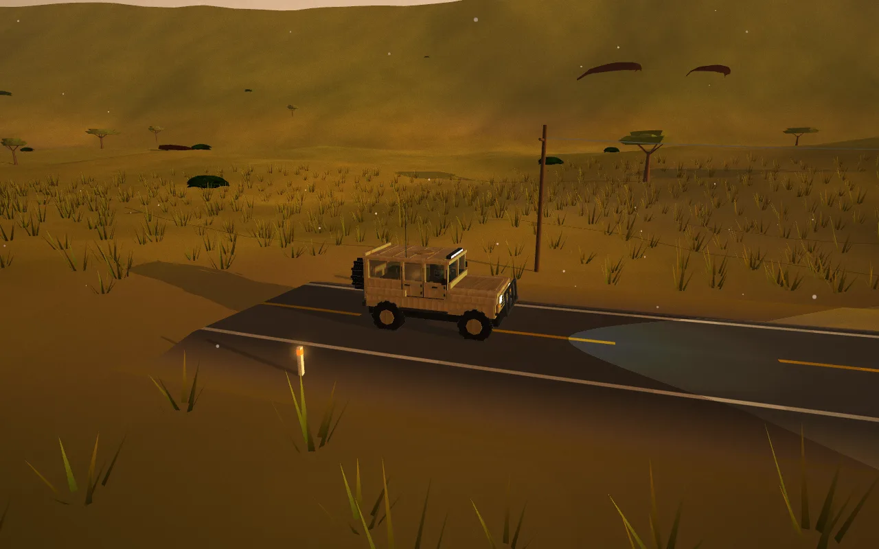 Off-road truck on a road crossing the golden savanna of Valdera at sunset